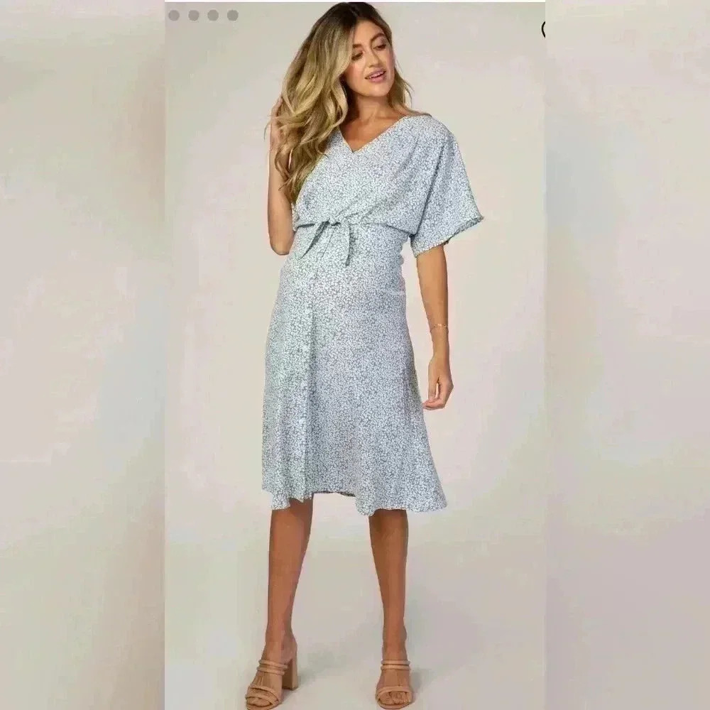 Calista Modest Floral Maternity Midi Blue Dress Size Large Like New